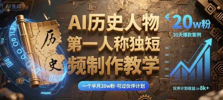 最新AI历史人物第一人称独白短视频制作教学，一个半月20w粉，可过伙伴计划-听风云网创