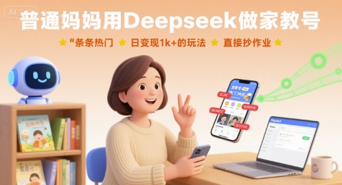 普通妈妈用Deepseek做家教号，条条热门，日变现1k+的玩法，直接抄作业-听风云网创