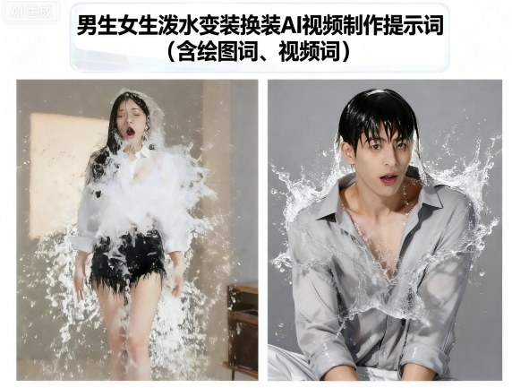 男生女生泼水变装换装AI视频制作提示词(含绘图词、视频词)-听风云网创