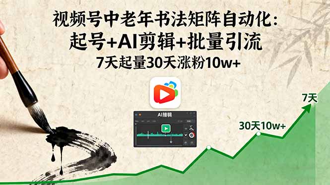视频号中老年书法矩阵自动化:起号+AI剪辑+批量引流 7天起量30天涨粉10w+-听风云网创